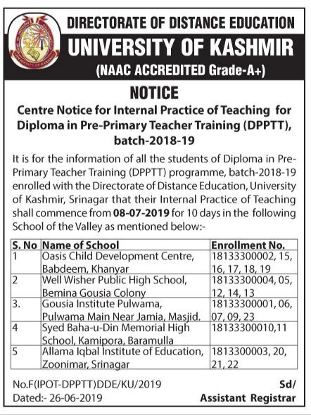University of Kashmir centre notice for teaching practice of diploma in pre primary-teacher training(DPPTT) batch 2018/2019