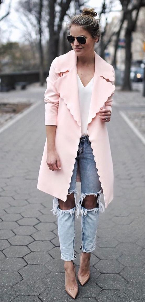 Fall fashion | Scalloped pastel pink coat with distressed jeans | Just ...