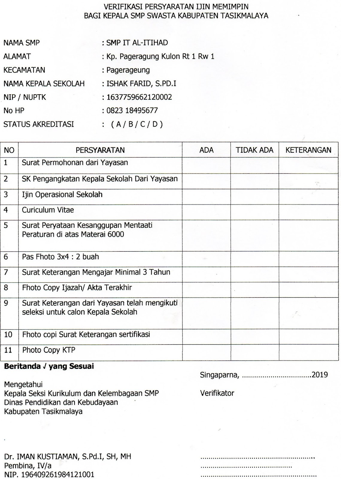 Persyaratan Izin Memimpin Bagi Kepala Sekolah (SMP) Swasta Kab. Tasikmalaya
