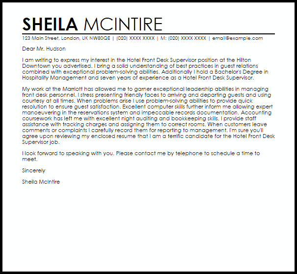 Hotel Front Desk Cover Letter Certificate Letter