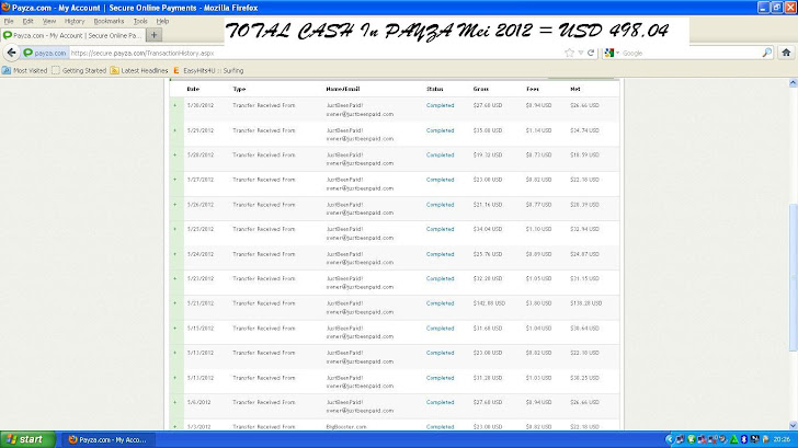 Hasil Pembayaran ProfitClicking ex-Justbeenpaid Bulan Mei 2012 masuk ke Rek Payza