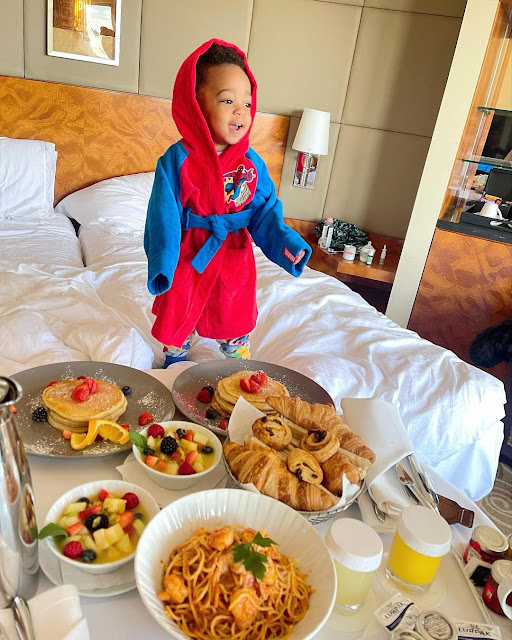 Check out the Lovely photos of Regina Daniels son as he dines like a King while enjoying his Breakfast(Photos)