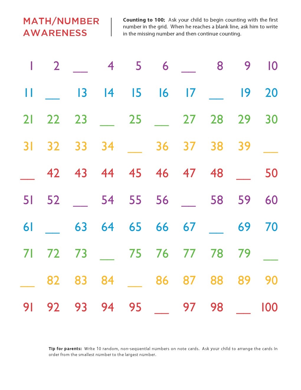Kindergarten Worksheets: Maths Worksheets - Filling the missing numbers