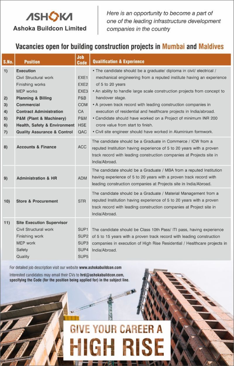 Ashoka Buildcon Limited Urgent Vacancy for Execution / Planning