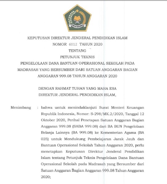 Juknis Bos Madrasah Yang Bersumber Dari Satuan Anggaran Bagian Anggaran 999 08 Tahun Anggaran 2020 Admin Bawean