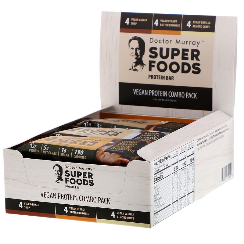 Dr. Murray's, Superfoods Protein Bars, Vegan Protein Combo Pack, 12 Bars, 2.05 oz (58 g) Each
