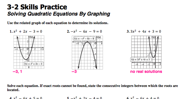 9-2 Skills Practice Solving Quadratic Equations By Graphing Worksheet