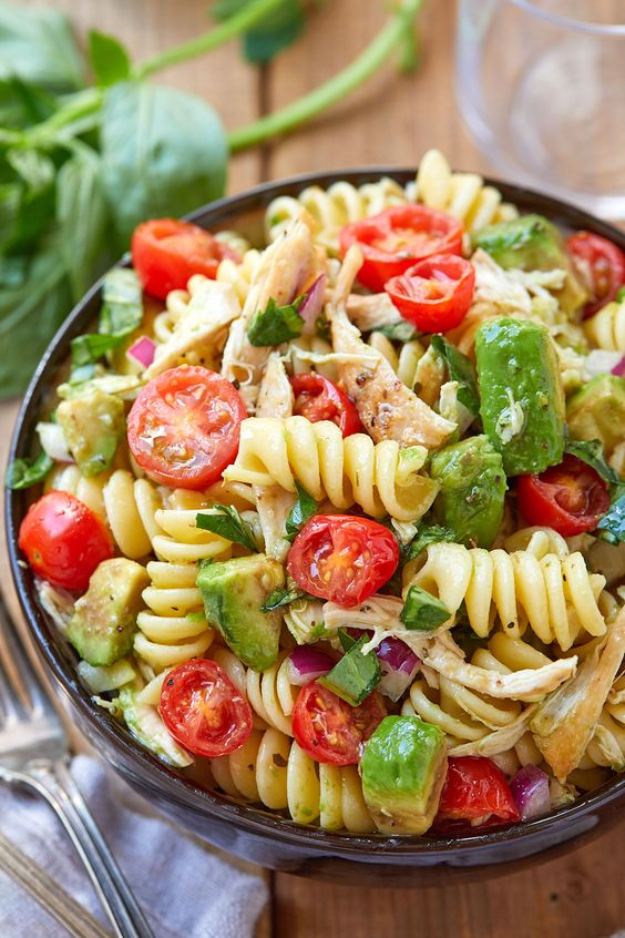 Healthy Chicken Pasta Salad with Avocado, Tomato, and Basil ﻿ - Healthy ...