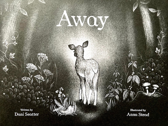 Away front cover front cover of a book called away which talks about the impact of littering with a black and white drawing of woodland with a deer on