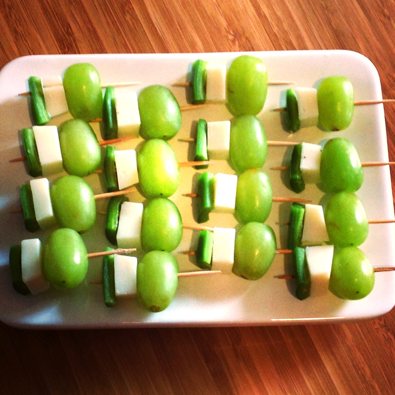 Green Grapes, Drunken Goat Cheese, and Jalapenos on a Toothpick