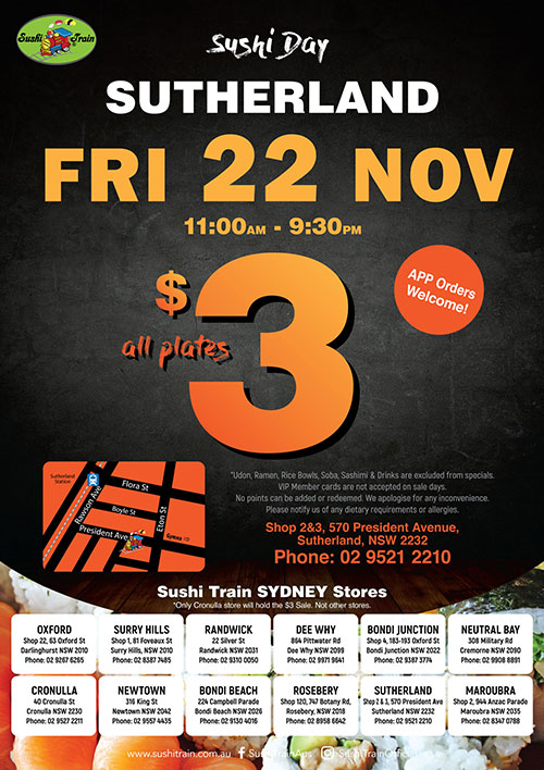 Sushi Train Australia Pty Ltd Sushi Train Sutherland Station Sushi Day 3 Sale Sushi Train Australia Pty Ltd Sushi Train Sutherland Station Sushi Day 3 Sale