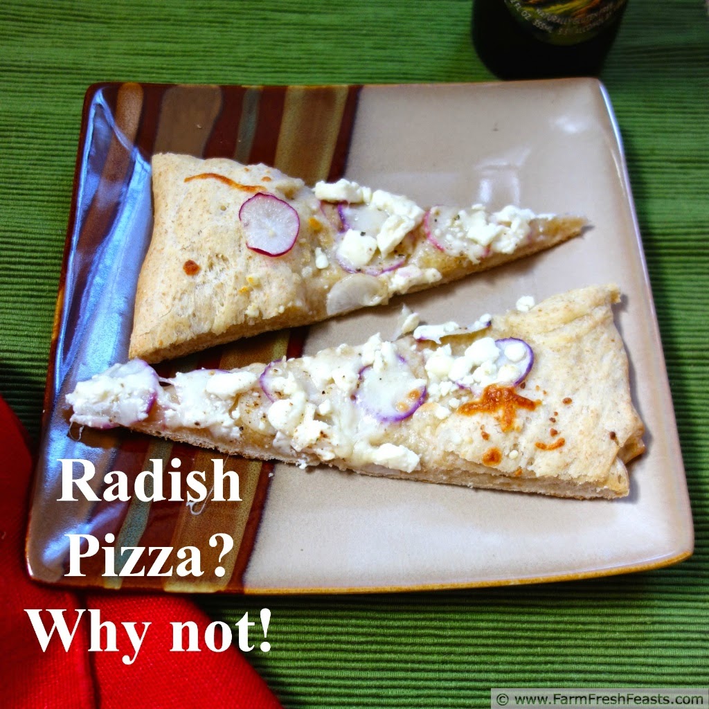 Thinly sliced radishes with feta, goat cheese, and shredded cheeses in a spring radish pizza.