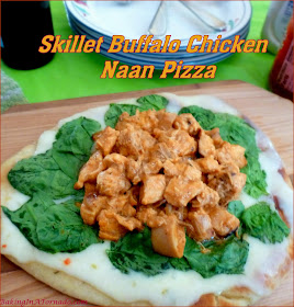 Skillet Buffalo Chicken Naan Pizza is a quick and easy one pan lunch or dinner that marries buffalo chicken, pizza and more. | Recipe developed by www.BakingInATornado.com | #recipe #cook