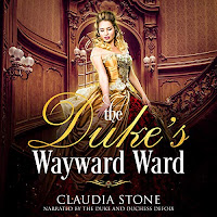 The Duke's Wayward Ward audiobook cover. A woman stand in a red and gold ballgown stands in a sweeping staircase. 