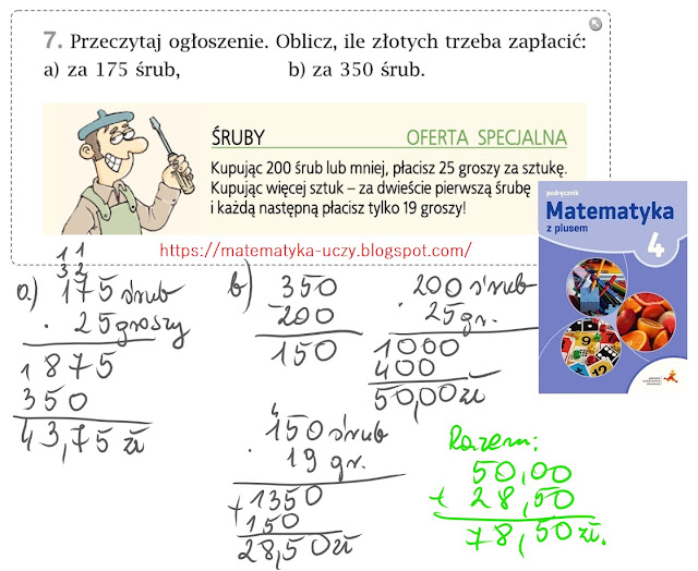 Zad. 7 i 8 oraz zagadka str. 108 "Matematyka z plusem 4" Działania pisemne - zadania z treścią