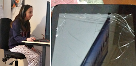 my teen on the computer and a smashed tablet screen