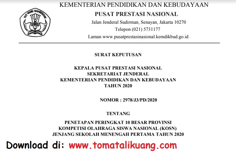 Download Sk Peringkat 10 Besar Provinsi Kosn Smp Tahun 2020 Pdf Daftar Nama Pemenang Tomatalikuang Com Berita Pendidikan Terbaru