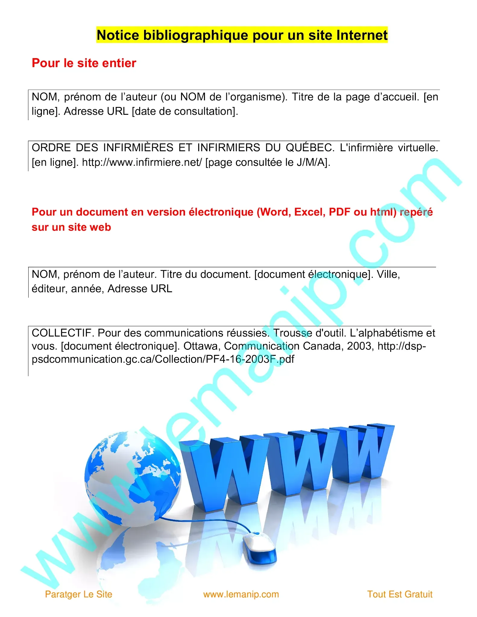 Notice bibliographique pour un site Internet