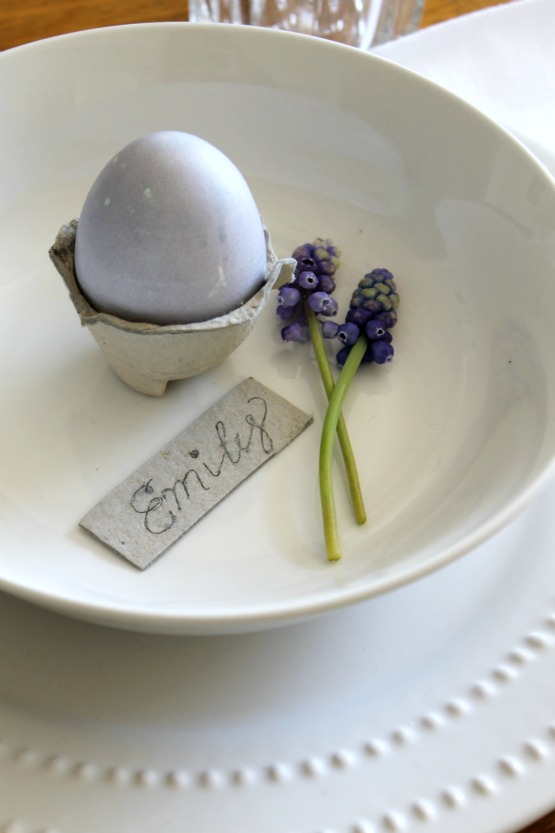 Blueberry dyed eggs and a simple place setting idea.
