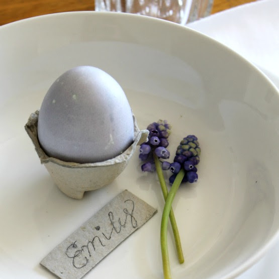 Blueberry dyed eggs and a simple place setting idea.