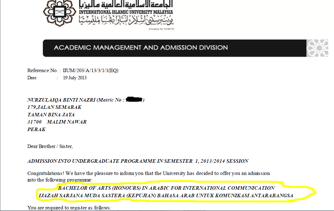 Blog Iqa: "Degree's Offer Letter from IIUM"