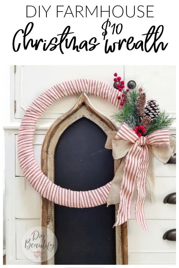DIY farmhouse Christmas wreath with red ticking fabric