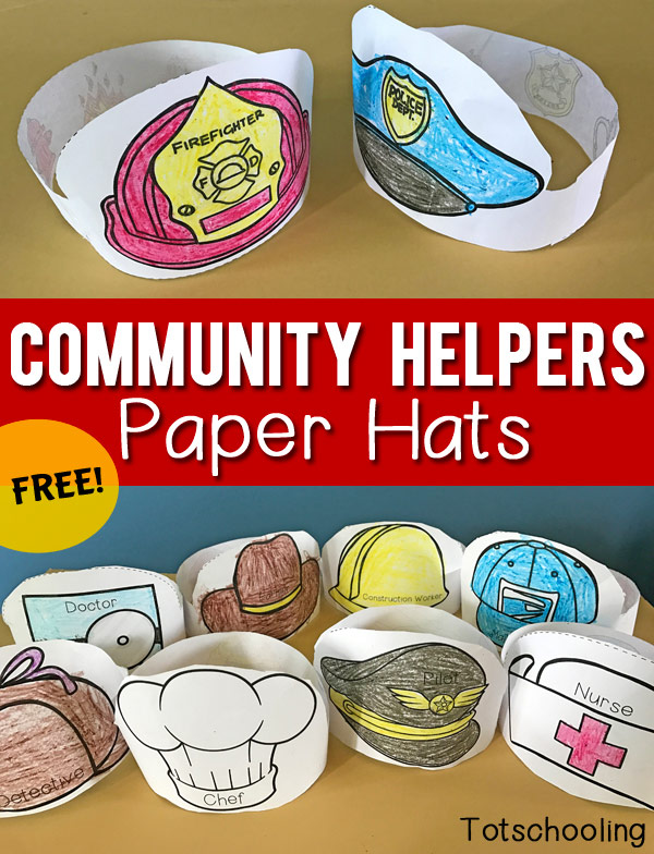 FREE printable Paper Hats that kids can color and wear when learning about community helpers, occupations, or when doing dramatic and pretend play. Great for preschool and kindergarten!