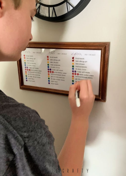 Dry Erase Daily Check list for kids using an old frame