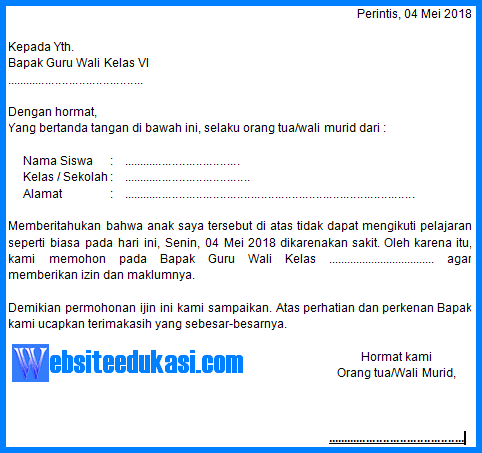 Contoh Surat Izin Tidak Masuk Sekolah Karena Sakit