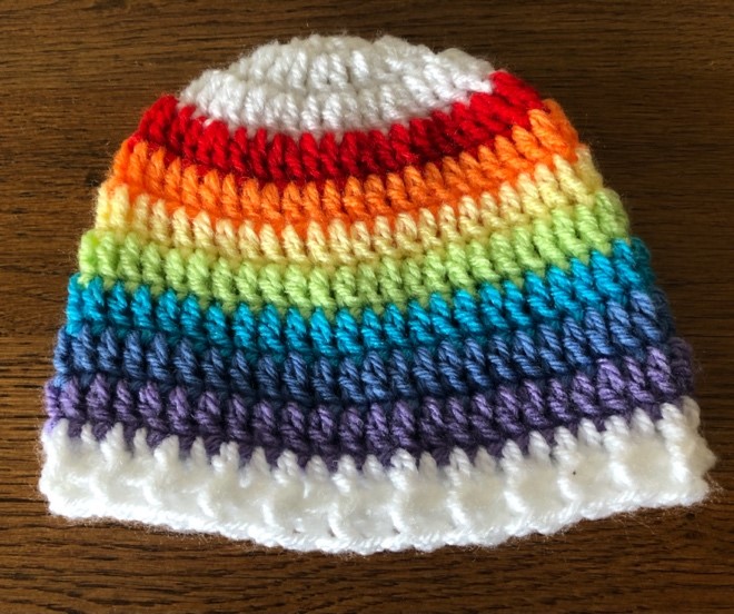 Sammy B's knitting patterns Crochet rainbow heart hat