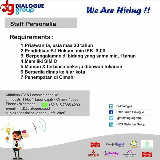 Lowongan Staff Personalia di Cimahi - Lowongan Kerja Terbaru Indonesia 2021