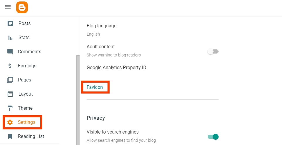 New Bogger Settings for Favicon
