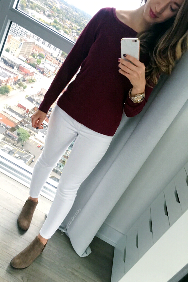 Burgundy Sweater, White Jeggings, White Jeans, Taupe Booties, Fall Everyday Outfit - Tori's Pretty Things Blog
