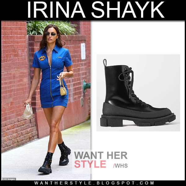 Irina Shayk in blue mini dress and black combat boots on September 4 ~ I  want her style - What celebrities wore and where to buy it. Celebrity Style