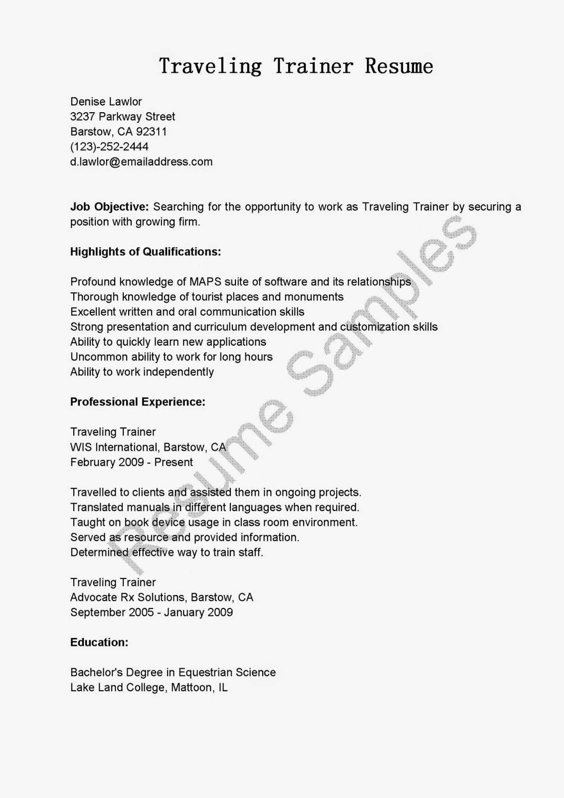 Resume Samples Traveling Trainer Resume Sample