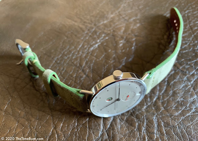 Nomos Metro Gangreserve on Paul Twice La Mancha olive Suede Strap