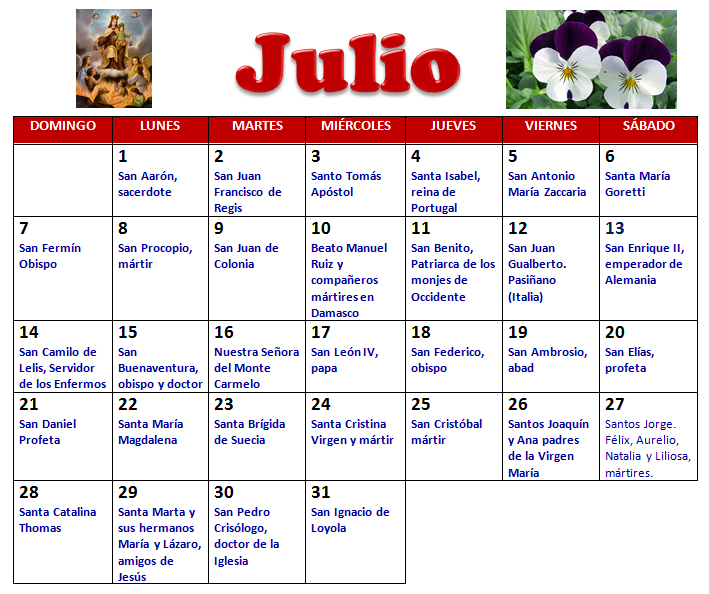 "MI PARROQUIA DE LOS DOCE APÓSTOLES" SANTORAL DEL MES DE JULIO