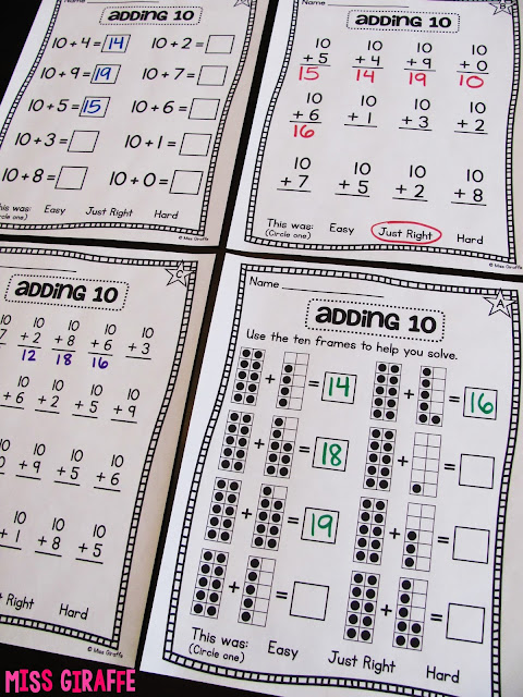 Adding 10 to a number worksheets that are differentiated so all students can have fun and be successful