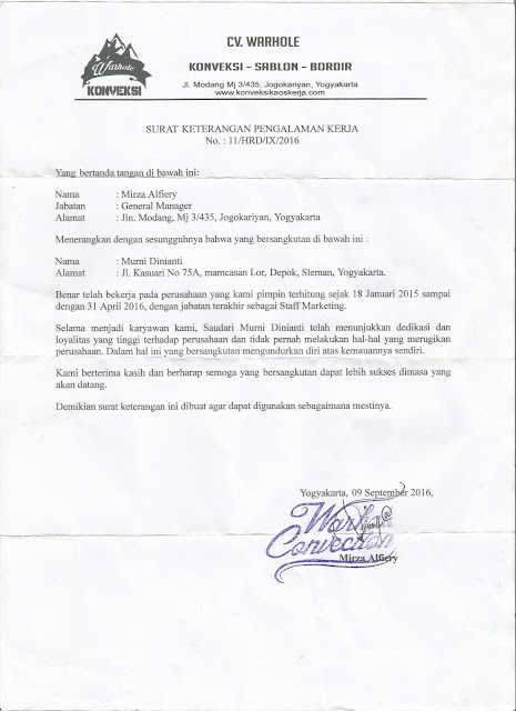 Contoh Surat Pengalaman Kerja dari Perusahaan/Instansi Pemerintahan Contoh Surat Pengalaman Kerja dari Perusahaan/Instansi Pemerintahan