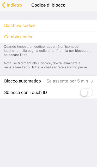 Impostazioni del Codice di blocco su Telegram Messenger per iOS