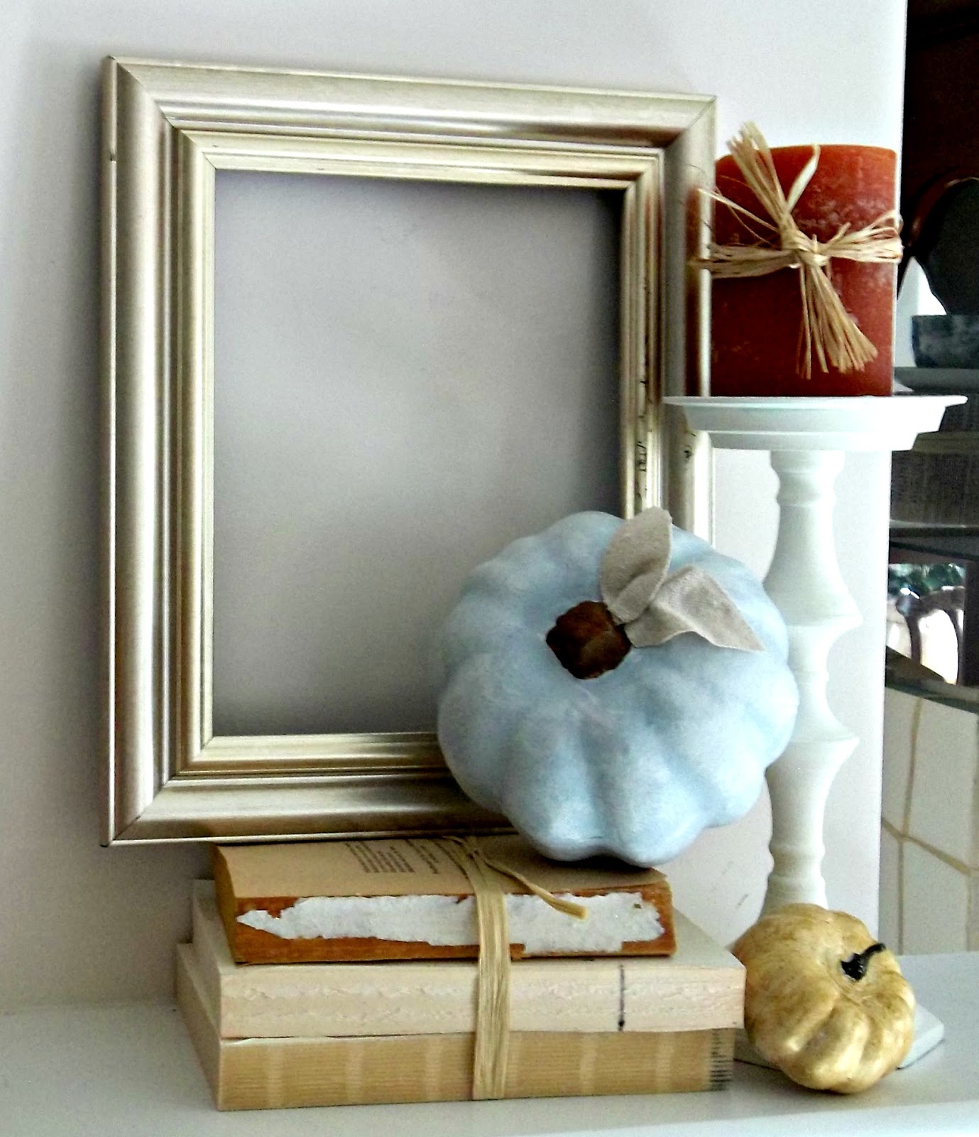 Vintage, Paint and more... gold frame with blue painted pumpkin for fall mantel