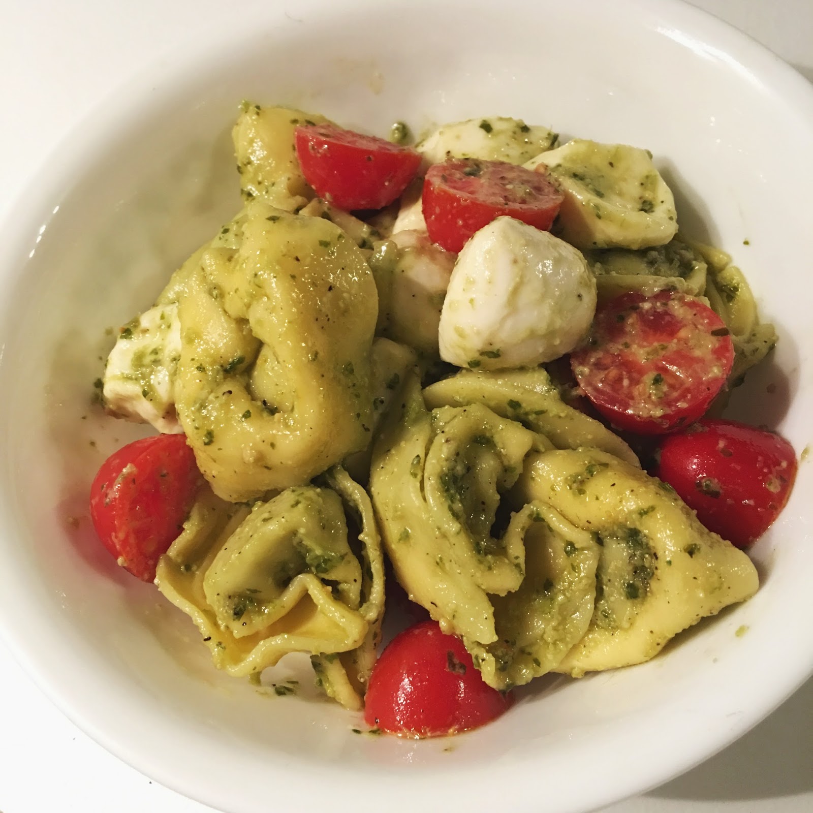 Beyond-my-thoughts: Pesto Tortellini with Fresh Mozzarella &amp; Grape Tomatoes