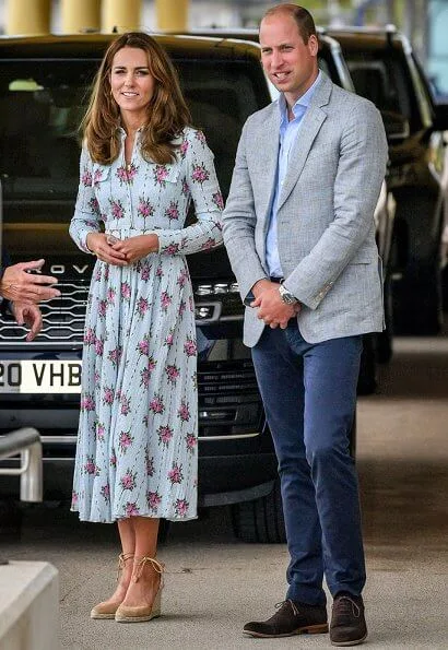 Kate Middleton wore Emilia Wickstead Aurora belted floral print cotton blend seersucker dress and Castaner Carina canvas wedge espadrilles