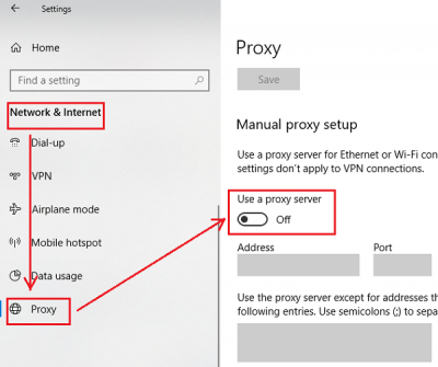 Desactivar la configuración de proxy manual