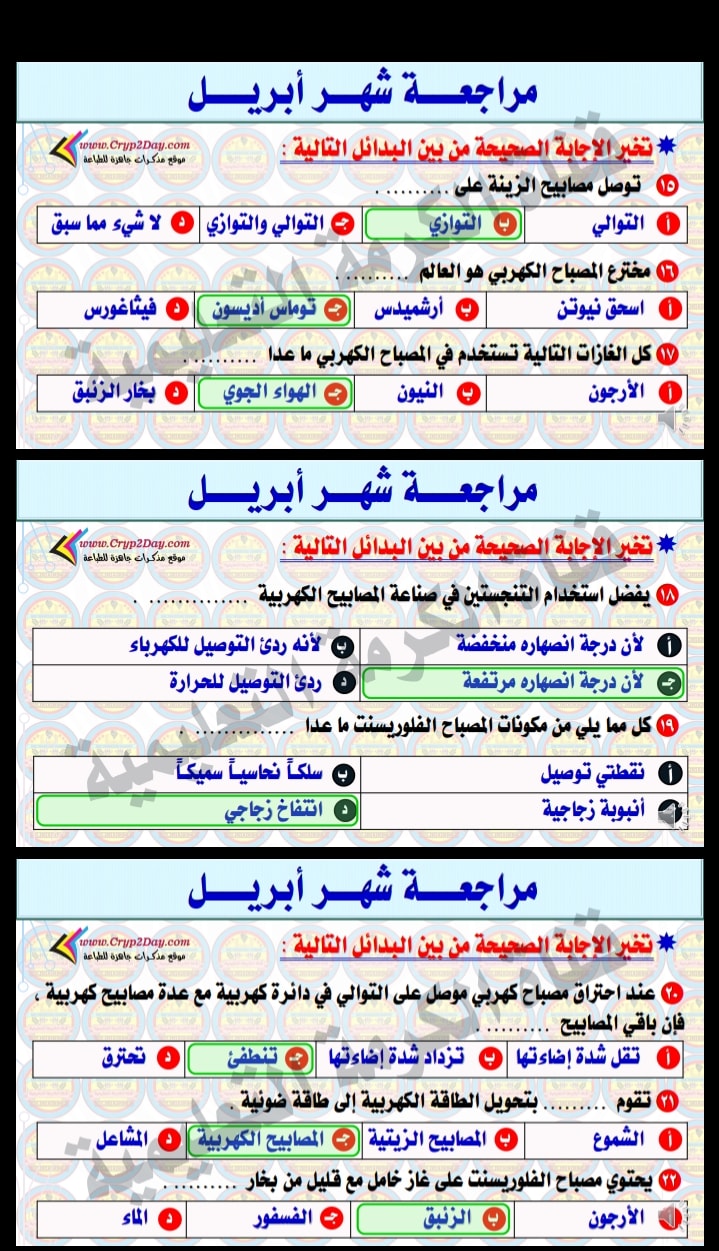 مراجعة منهج ابريل علوم الصف السادس الابتدائي ترم ثاني مجاب عنها 10