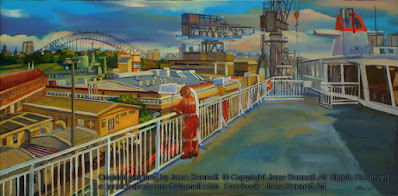 Plein air oil painting from the bridge of Spirit of Tasmania 1 in Garden Island Drydock showing the Hammerhead Crane and the Sydney Harbour Bridge in the background painted by industrial heritage artist Jane Bennett