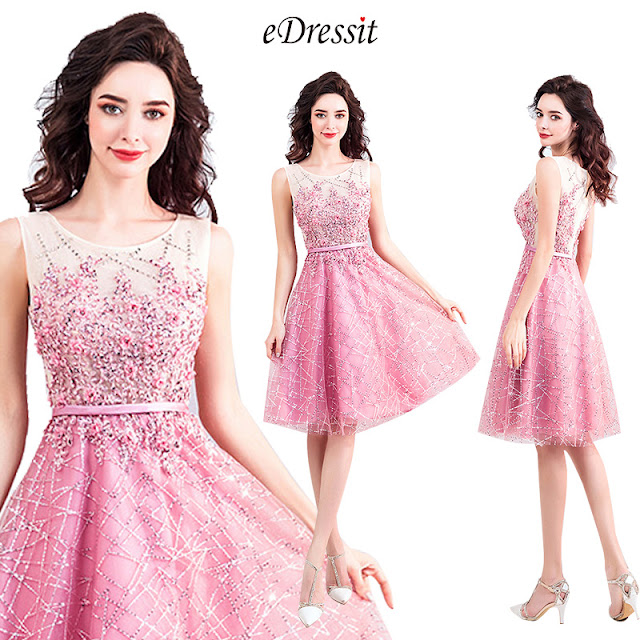 Bright Pink Beaded Cute Cocktail Party Dress