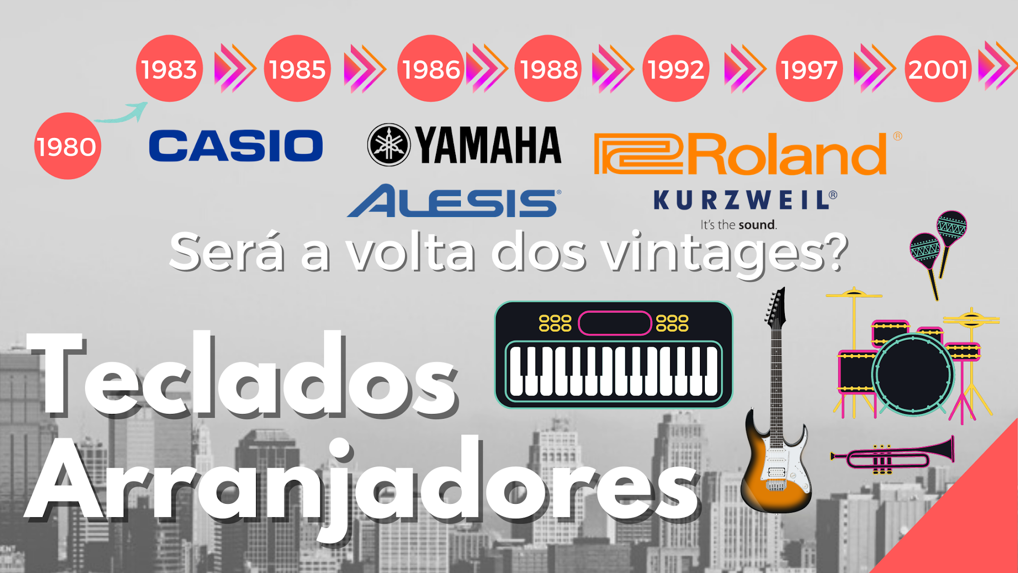 A seguir, você poderá ver a imagem da evolução dos teclados musicais e teclados arranjadores desde 1980 até os dias de hoje.