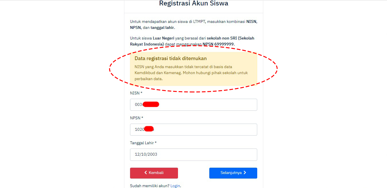 Solusi Data Registrasi Siswa Tidak Ditemukan Saat Registrasi Ltmpt 2021 Operatorsekolahdbn Com Informasi Pendidikan Indonesia