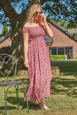 Red floral shirred bardot maxi sundress